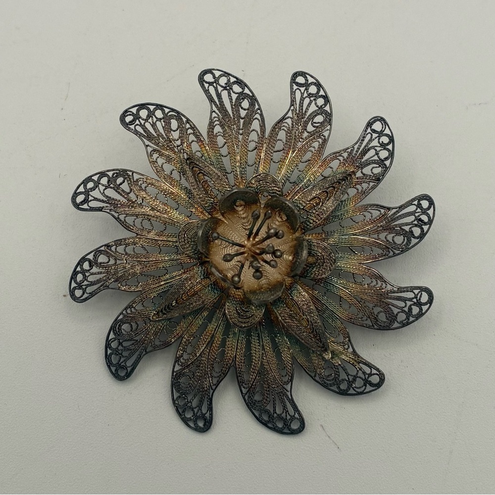 Vintage 800 Silver Fine Filigree Flower Brooch
